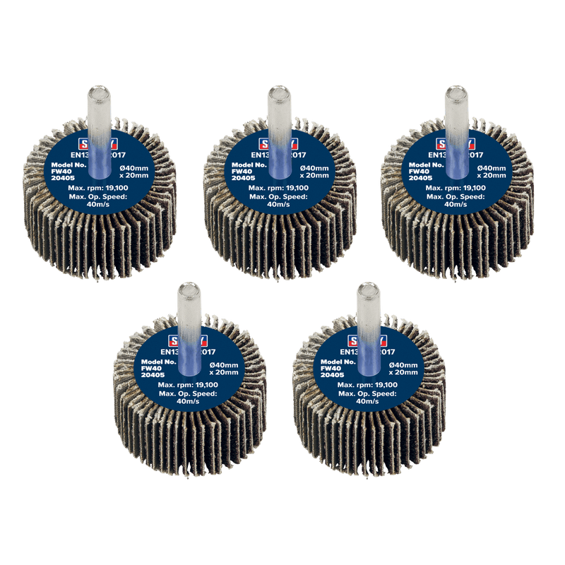 Sealey FW4020405 40 x 20mm Abrasive Flap Wheel with 6mm Shaft 40Grit - Pack of 5 - FW4020405 - Sealey Tools UK - Trade Counter Direct