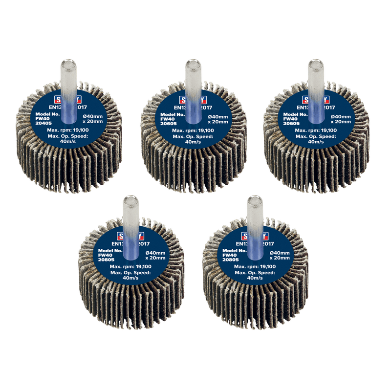 Sealey FW4020ASS 40 x 20mm Abrasive Flap Wheel with 6mm Shaft Assorted Grit - Pack of 5 - FW4020ASS - Sealey Tools UK - Trade Counter Direct