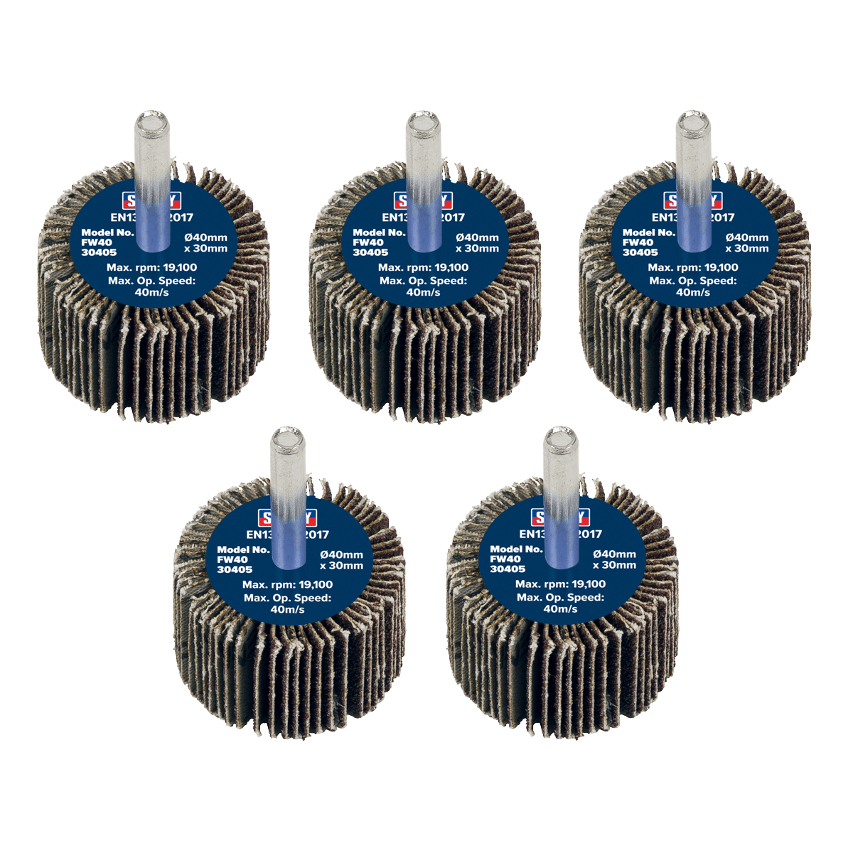 Sealey FW4030405 Flap Wheel Ø40 x 30mm 40Grit Ø6mm Shaft - Pack of 5 - FW4030405 - Sealey Tools UK - Trade Counter Direct