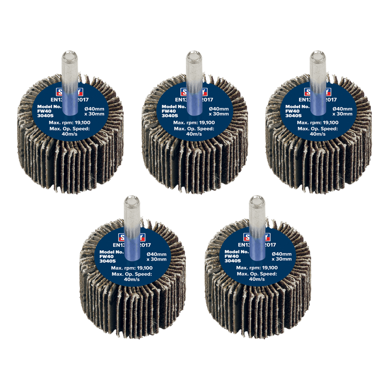Sealey FW4030405 Flap Wheel Ø40 x 30mm 40Grit Ø6mm Shaft - Pack of 5 - FW4030405 - Sealey Tools UK - Trade Counter Direct