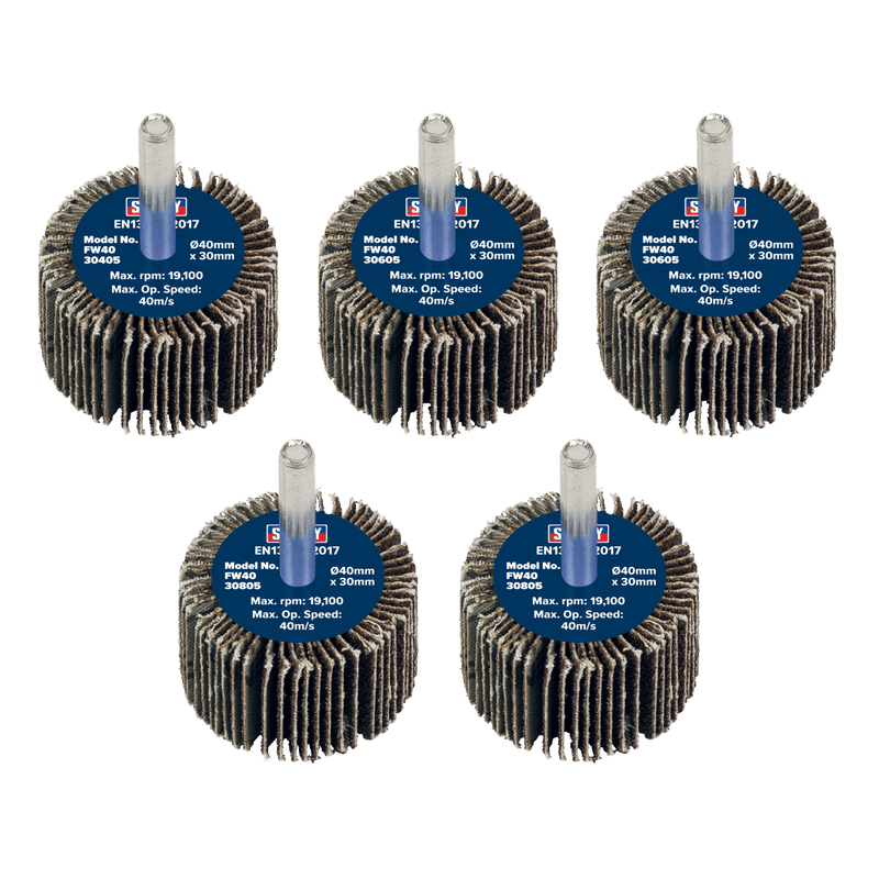Sealey FW4030ASS 40 x 30mm Abrasive Flap Wheel with 6mm Shaft Assorted Grit - Pack of 5 - FW4030ASS - Sealey Tools UK - Trade Counter Direct