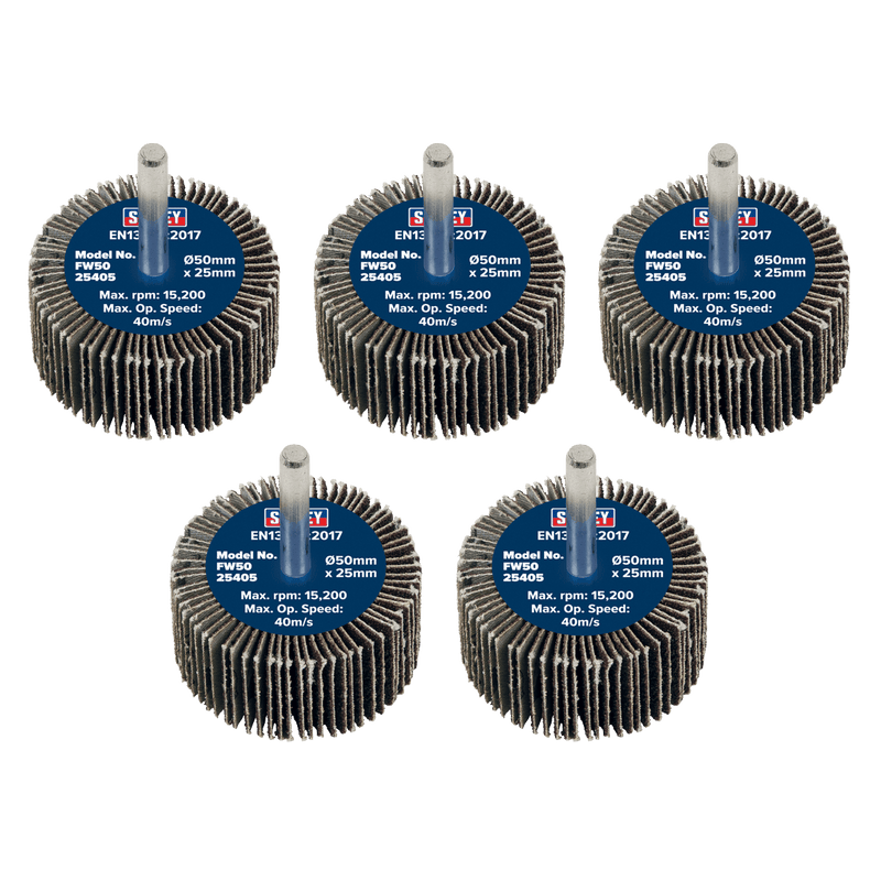 Sealey FW5025405 50 x 25mm Abrasive Flap Wheel with 6mm Shaft 40Grit - Pack of 5 - FW5025405 - Sealey Tools UK - Trade Counter Direct