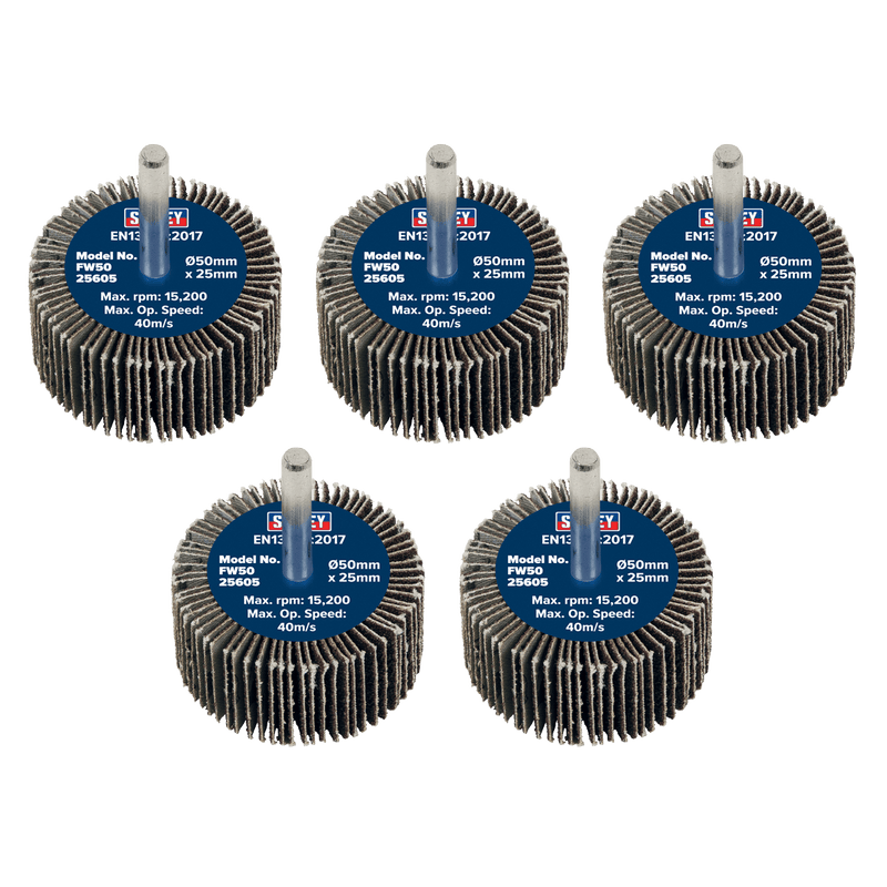 Sealey FW5025605 50 x 25mm Abrasive Flap Wheel with 6mm Shaft 60Grit - Pack of 5 - FW5025605 - Sealey Tools UK - Trade Counter Direct