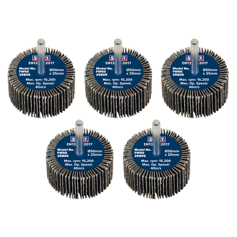 Sealey FW5025805 50 x 25mm Abrasive Flap Wheel with 6mm Shaft 80Grit - Pack of 5 - FW5025805 - Sealey Tools UK - Trade Counter Direct