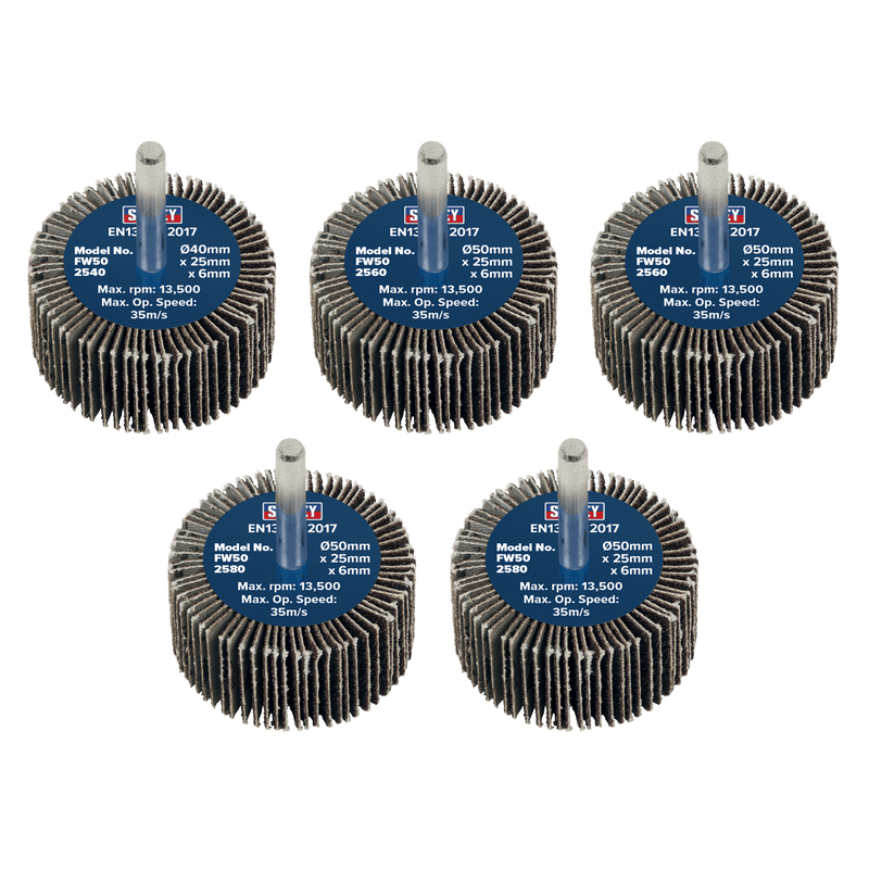 Sealey FW5025ASS 50 x 25mm Abrasive Flap Wheel with 6mm Shaft Assorted Grit - Pack of 5 - FW5025ASS - Sealey Tools UK - Trade Counter Direct