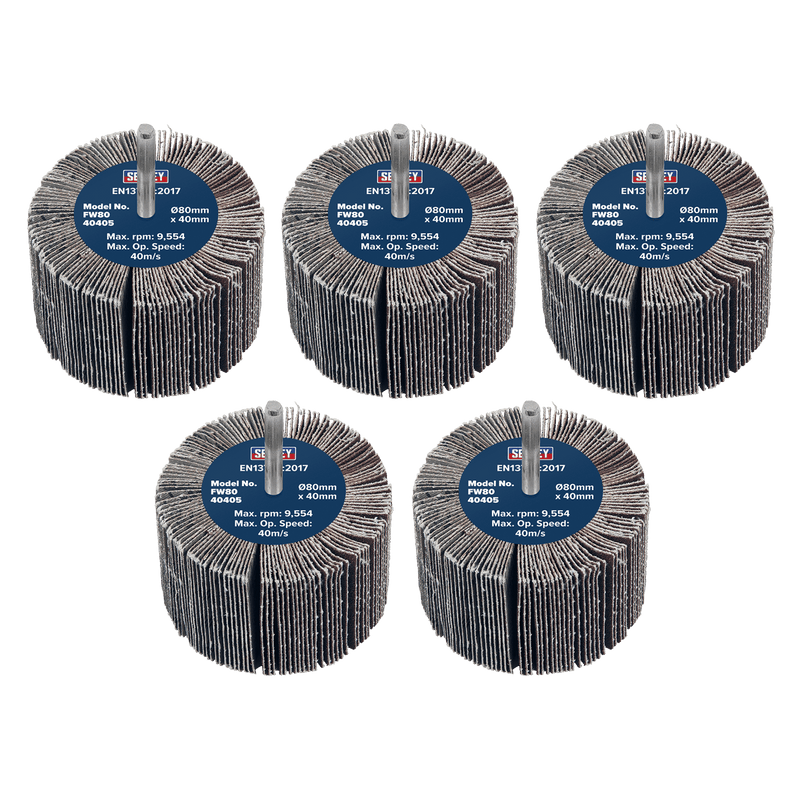 Sealey FW8040405 80 x 40mm Abrasive Flap Wheel 6mm Shaft 40Grit - Pack of 5 - FW8040405 - Sealey Tools UK - Trade Counter Direct