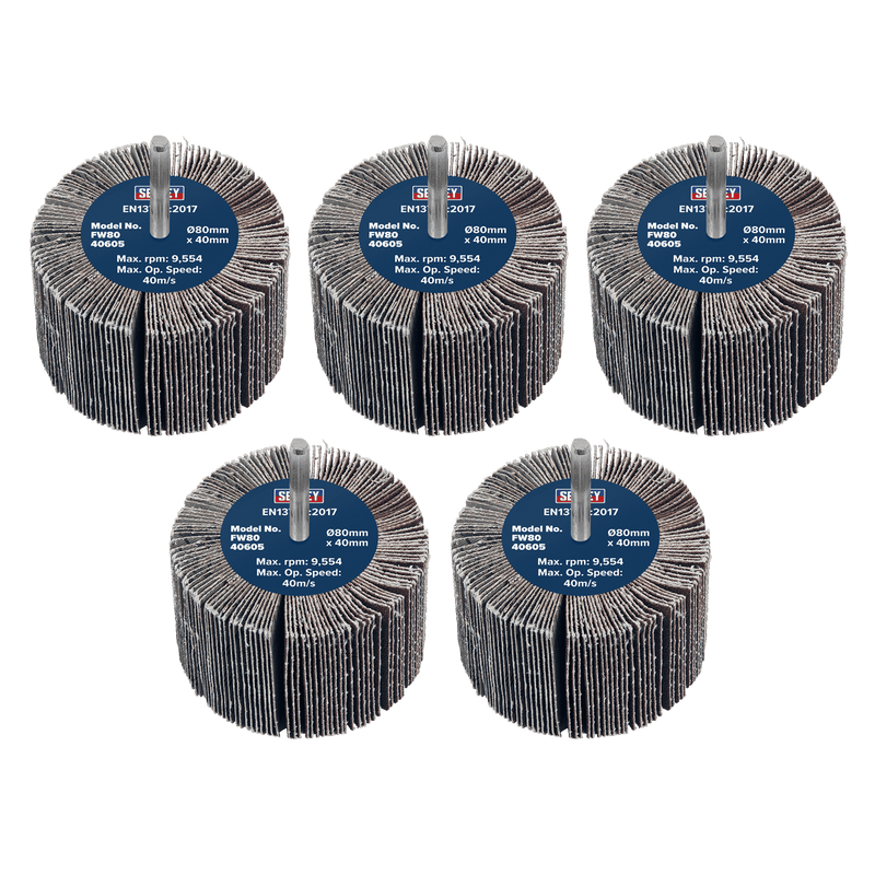Sealey FW8040605 80 x 40mm Abrasive Flap Wheel 6mm Shaft 60Grit - Pack of 5 - FW8040605 - Sealey Tools UK - Trade Counter Direct