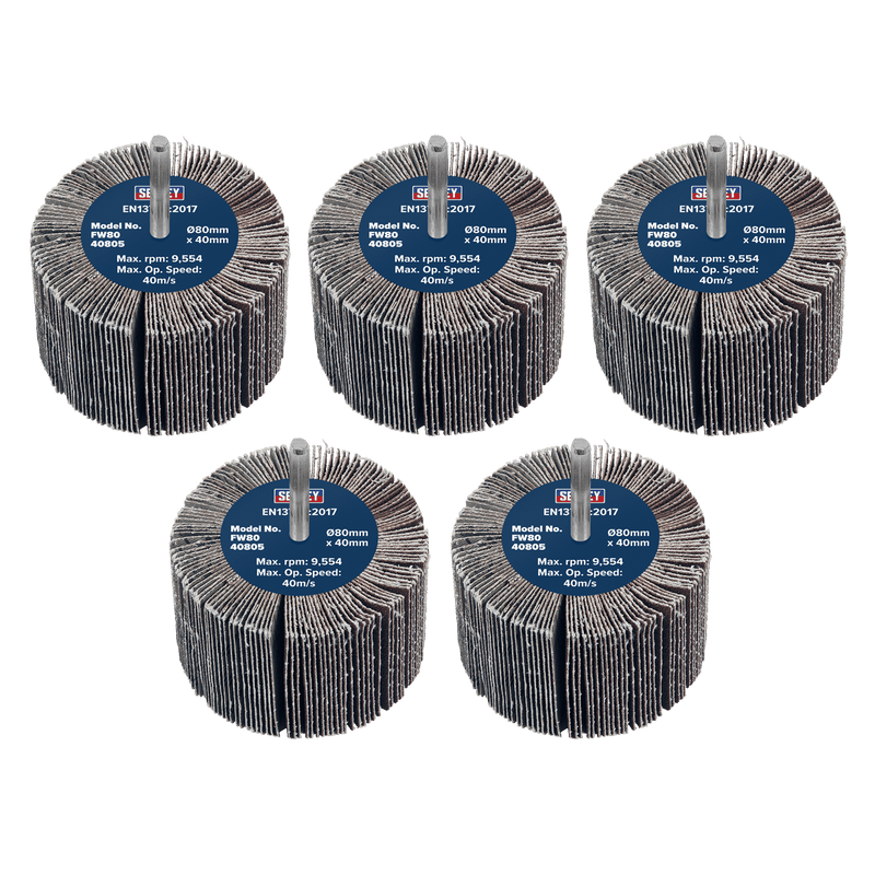 Sealey FW8040805 80 x 40mm Abrasive Flap Wheel 6mm Shaft 80Grit - Pack of 5 - FW8040805 - Sealey Tools UK - Trade Counter Direct