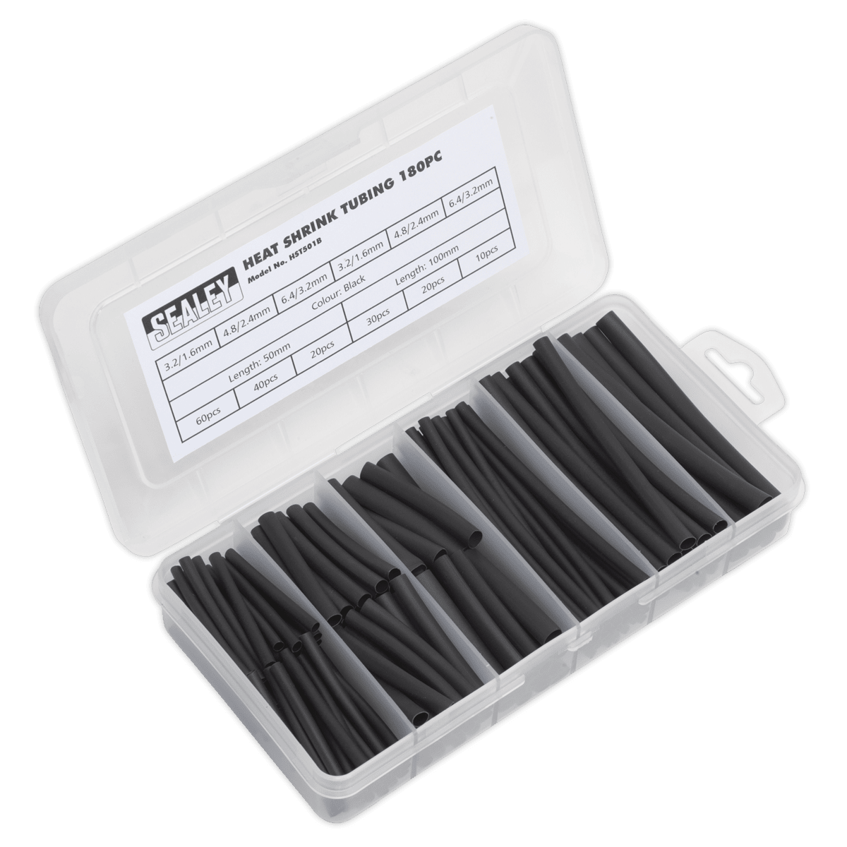 Sealey HST501B Heat Shrink Tubing Assortment 180pc 50 & 100mm Black - HST501B - Sealey Tools UK - Trade Counter Direct
