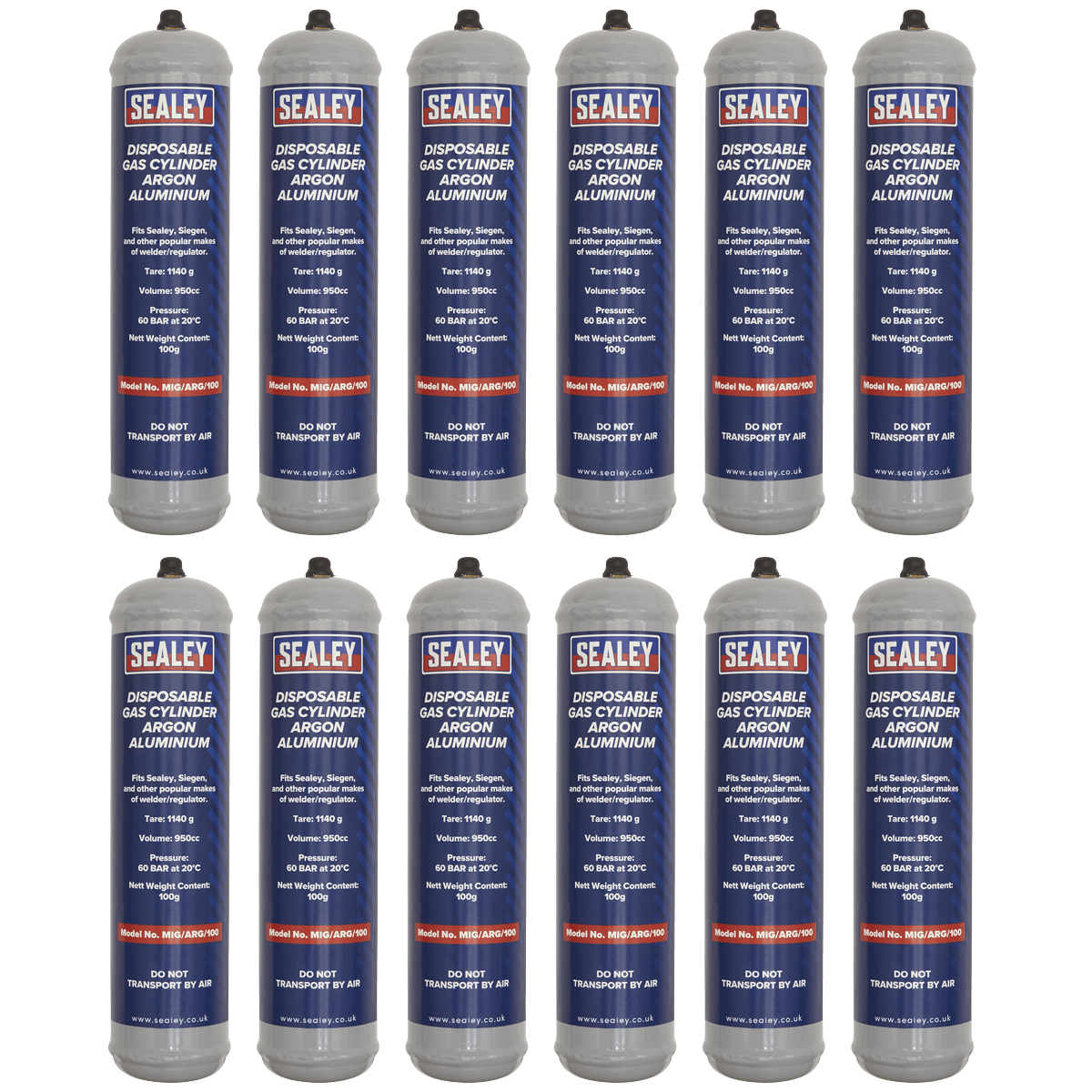 Sealey MIG/ARG/100/12 Disposable Argon Gas Cylinder 100g - Box of 12 - MIG/ARG/100/12 - Sealey Tools UK - Trade Counter Direct