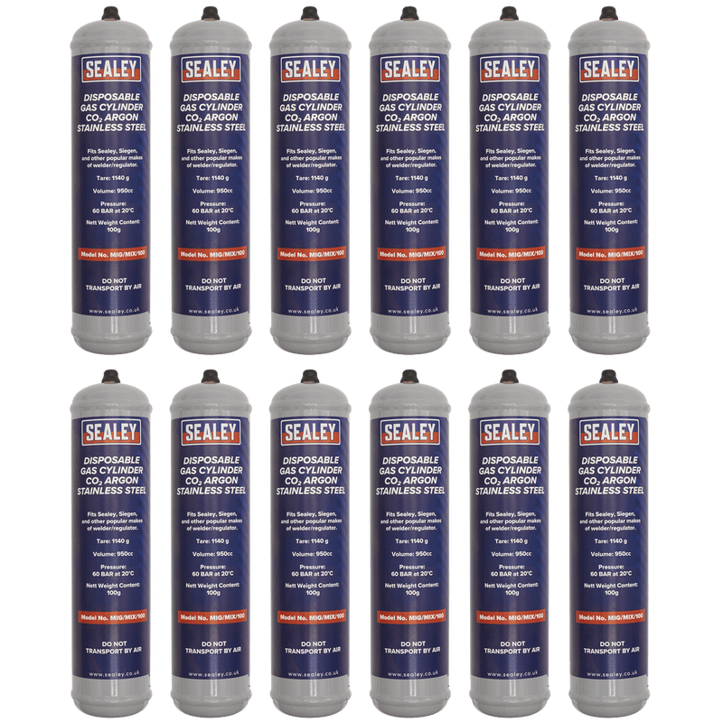 Sealey MIG/MIX/100/12 Disposable Carbon Dioxide/Argon Gas Cylinder 100g - Box of 12 - MIG/MIX/100/12 - Sealey Tools UK - Trade Counter Direct