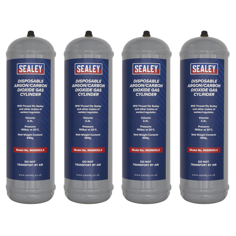Sealey MIGMIX2.24 Disposable Argon/Carbon Dioxide Gas Cylinder 430g, 2.2L - Pack of 4 - MIGMIX2.24 - Sealey Tools UK - Trade Counter Direct