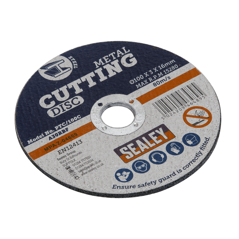 Sealey PTC/100C50 100 x 3mm Cutting Disc 16mm Bore - Pack of 50 - PTC/100C50 - Sealey Tools UK - Trade Counter Direct