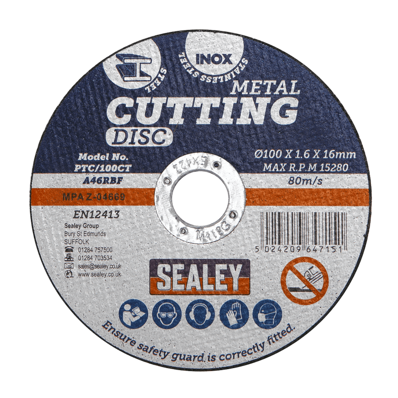 Sealey PTC/100CT50 100 x 1.6mm Cutting Disc 16mm Bore - Pack of 50 - PTC/100CT50 - Sealey Tools UK - Trade Counter Direct