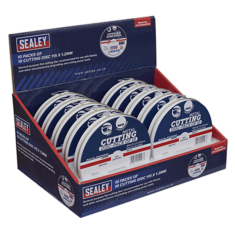Sealey PTC11510CETD Cutting Disc 115 x 1.2mm Countertop Display Box 10 Packs of 10 - PTC11510CETD - Sealey Tools UK - Trade Counter Direct