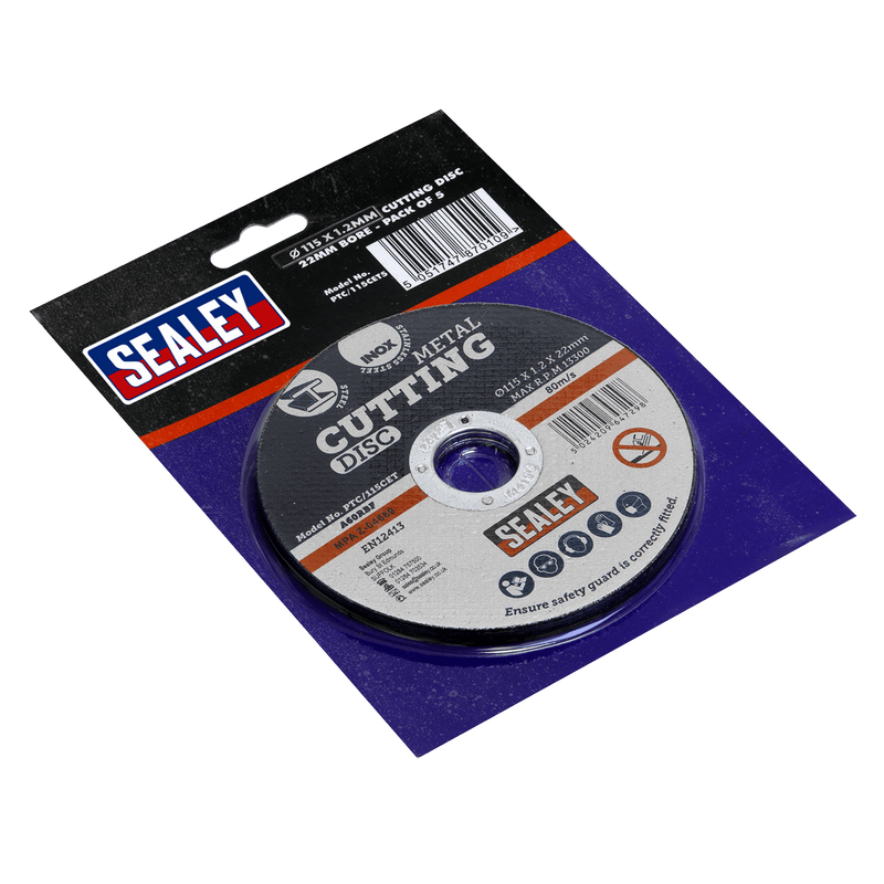 Sealey PTC/115CET5 115 x 1.2mm Cutting Disc 22mm Bore - Pack of 5 - PTC/115CET5 - Sealey Tools UK - Trade Counter Direct