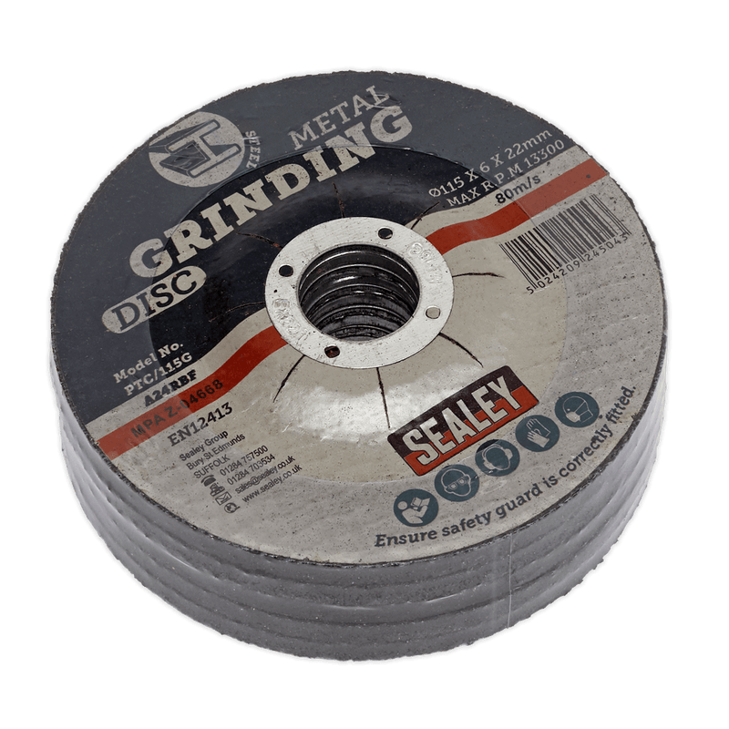 Sealey PTC/115G5 115 x 6mm Grinding Disc 22mm Bore - Pack of 5 - PTC/115G5 - Sealey Tools UK - Trade Counter Direct