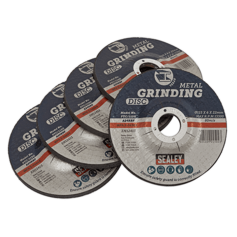 Sealey PTC/115G5 115 x 6mm Grinding Disc 22mm Bore - Pack of 5 - PTC/115G5 - Sealey Tools UK - Trade Counter Direct