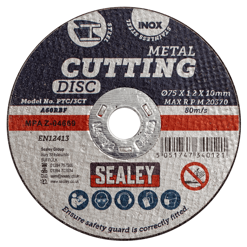 Sealey PTC/3CT10 75 x 1.2mm Cutting Disc 10mm Bore - Pack of 10 - PTC/3CT10 - Sealey Tools UK - Trade Counter Direct