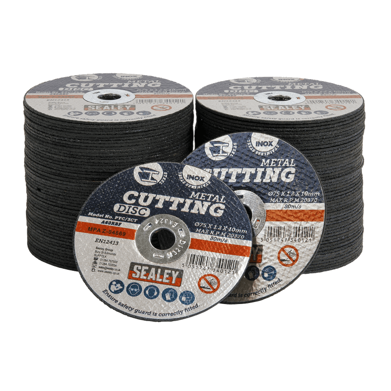 Sealey PTC/3CT100 75 x 1.2mm Cutting Disc 10mm Bore - Pack of 100 - PTC/3CT100 - Sealey Tools UK - Trade Counter Direct