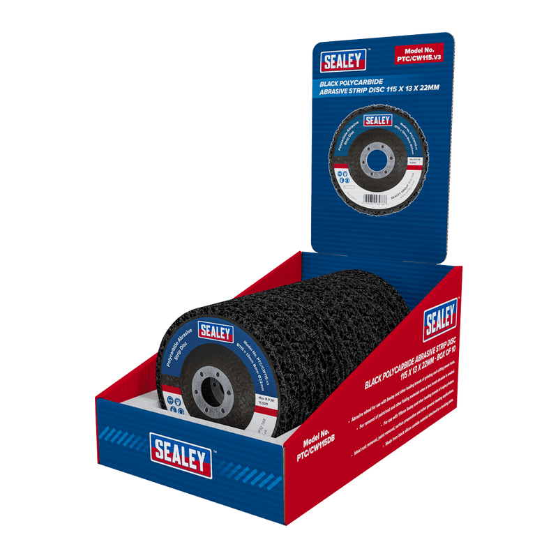Sealey PTC/CW115DB 115 x 13mm Black Polycarbide Abrasive Strip Disc 22mm Bore - Display Box of 10 - PTC/CW115DB - Sealey Tools UK - Trade Counter Direct