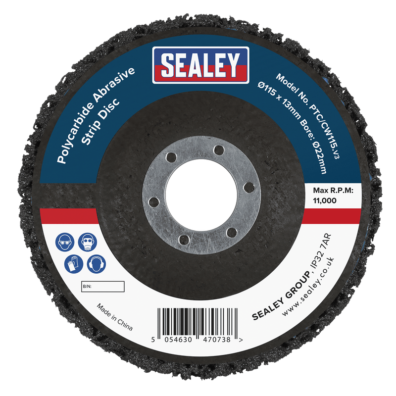 Sealey PTC/CW115DB 115 x 13mm Black Polycarbide Abrasive Strip Disc 22mm Bore - Display Box of 10 - PTC/CW115DB - Sealey Tools UK - Trade Counter Direct