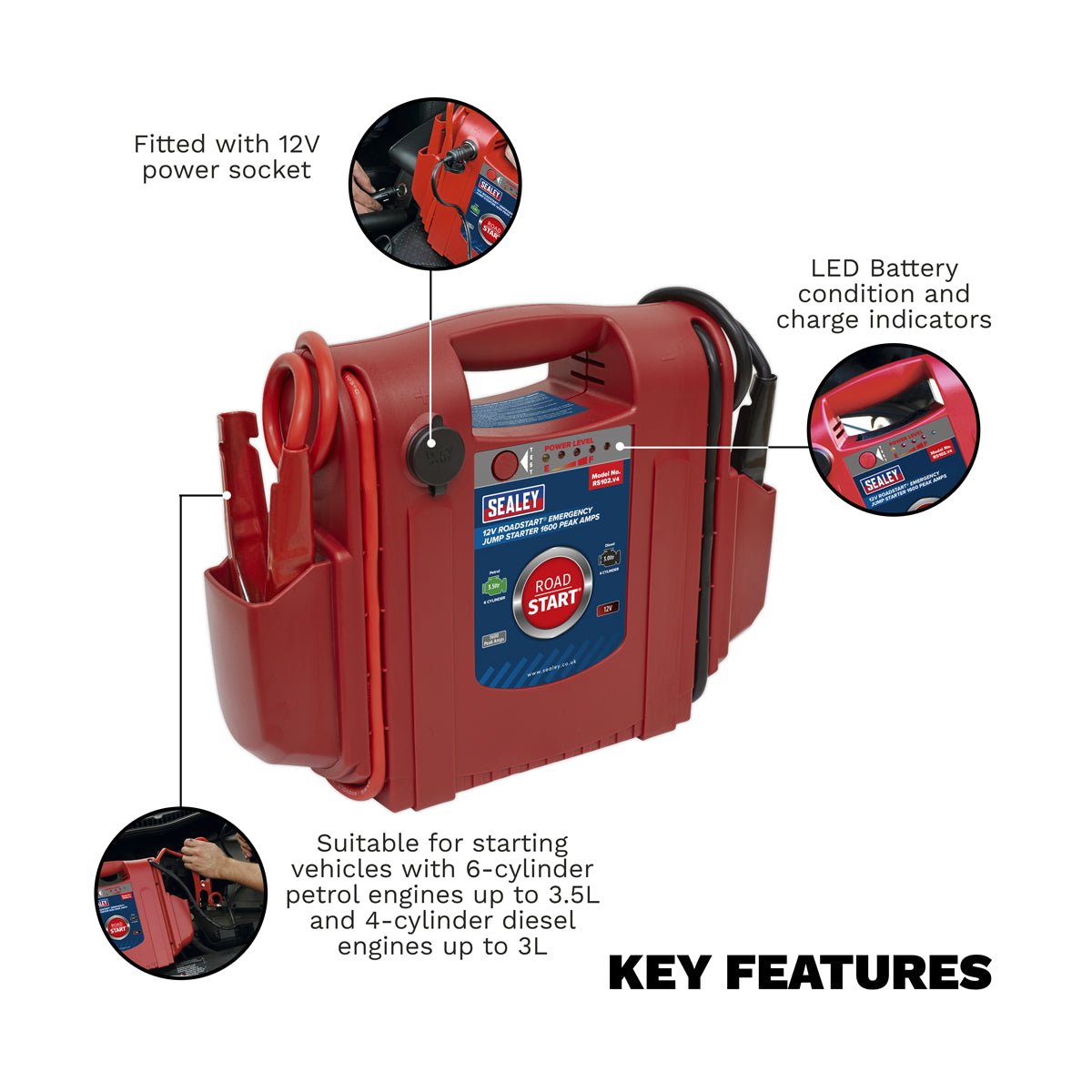 Sealey RS102 RoadStart Emergency Power Pack 12V 1600 Peak Amps - Mobile Power Systems - SLY-8763 - Sealey Tools UK - Trade Counter Direct