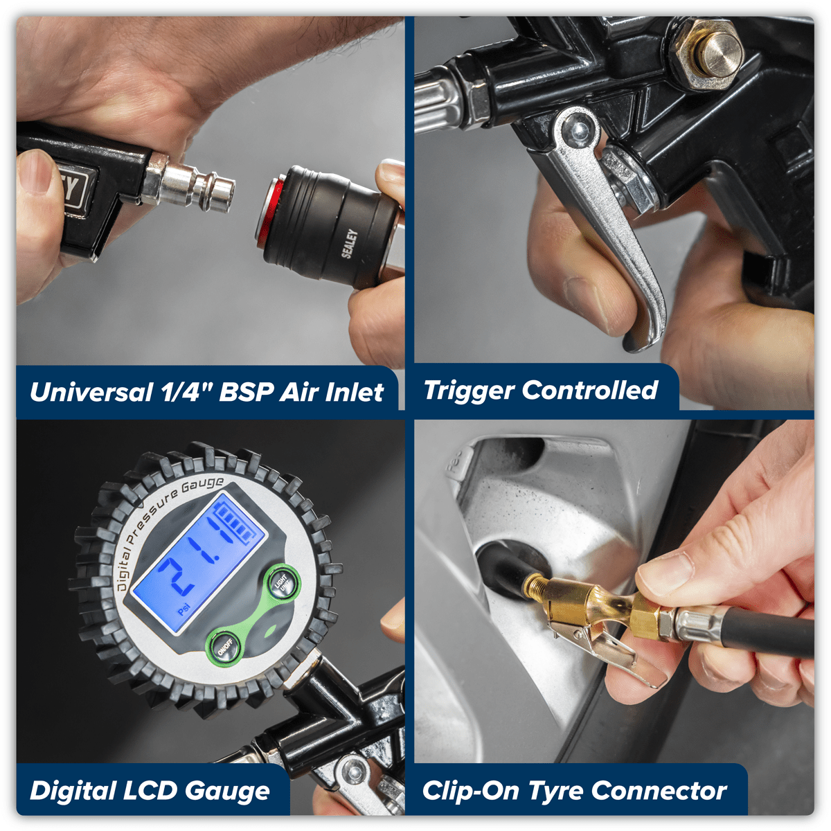 Sealey SA332D Digital Pistol Grip Tyre Inflator with Clip-On Connector - SA332D - Sealey Tools UK - Trade Counter Direct