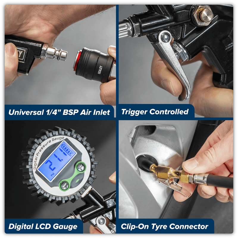 Sealey SA332D Digital Pistol Grip Tyre Inflator with Clip-On Connector - SA332D - Sealey Tools UK - Trade Counter Direct