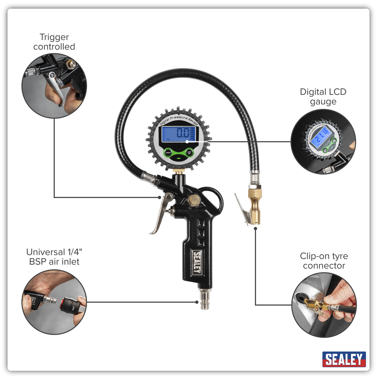 Sealey SA332D Digital Pistol Grip Tyre Inflator with Clip-On Connector - SA332D - Sealey Tools UK - Trade Counter Direct