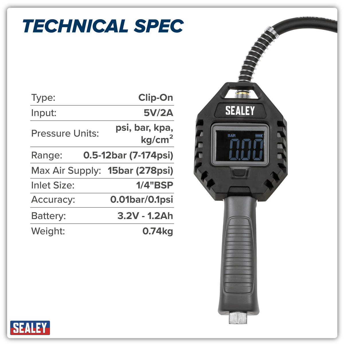 Sealey SA500 Rechargeable Digital Tyre Inflator with Clip-On Connector - SA500 - Sealey Tools UK - Trade Counter Direct
