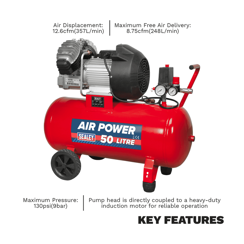 Sealey SAC05030 Compressor 50ltr V - Twin Direct Drive 3hp - Direct Drive - SLY-15723 - Sealey Tools UK - Trade Counter Direct
