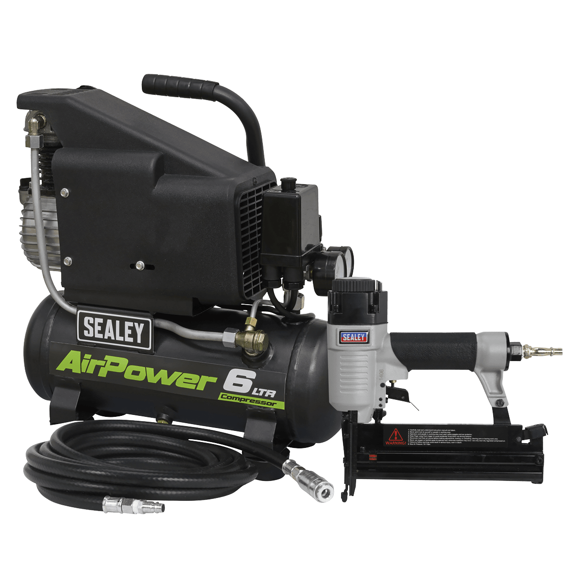 Sealey SAC0610EKIT Air Nail/Staple Gun Kit including Air Compressor, Hose & Nailer/Stapler - SAC0610EKIT - Sealey Tools UK - Trade Counter Direct