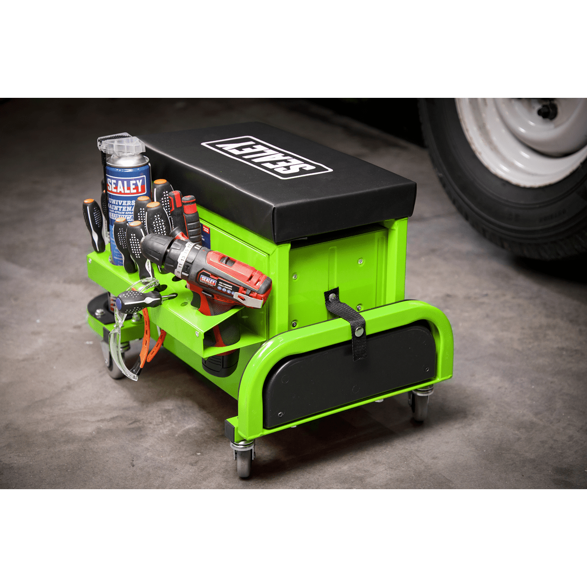 Sealey SCR18G Mechanic's Utility Seat & Toolbox - Green - SCR18G - Sealey Tools UK - Trade Counter Direct