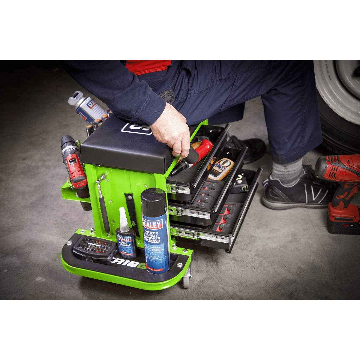 Sealey SCR18G Mechanic's Utility Seat & Toolbox - Green - SCR18G - Sealey Tools UK - Trade Counter Direct