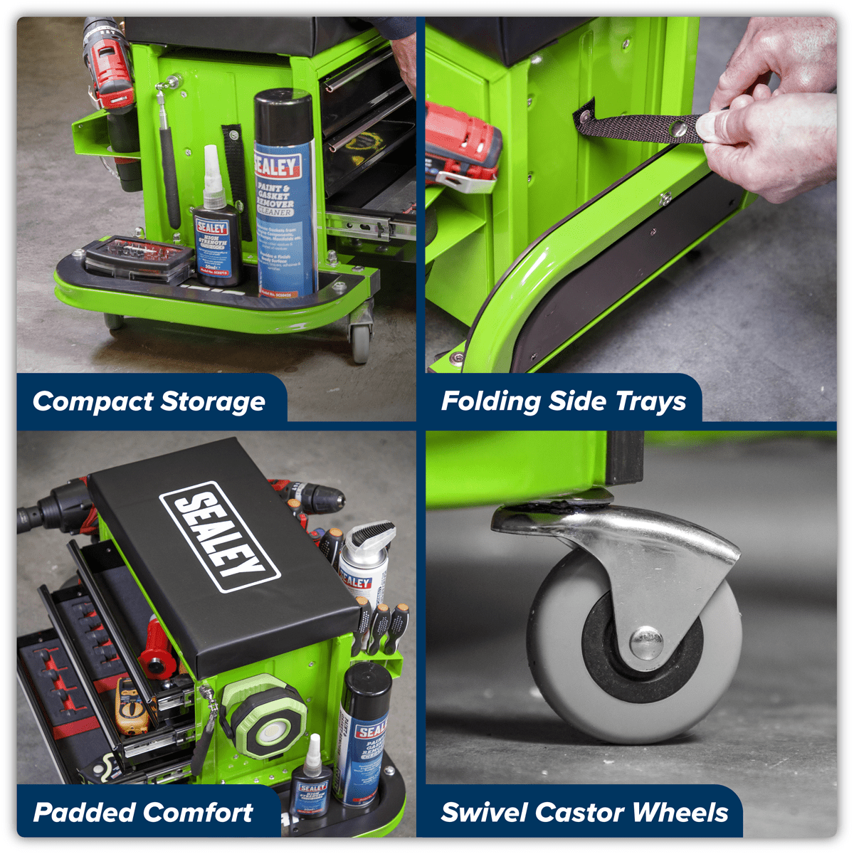 Sealey SCR18G Mechanic's Utility Seat & Toolbox - Green - SCR18G - Sealey Tools UK - Trade Counter Direct