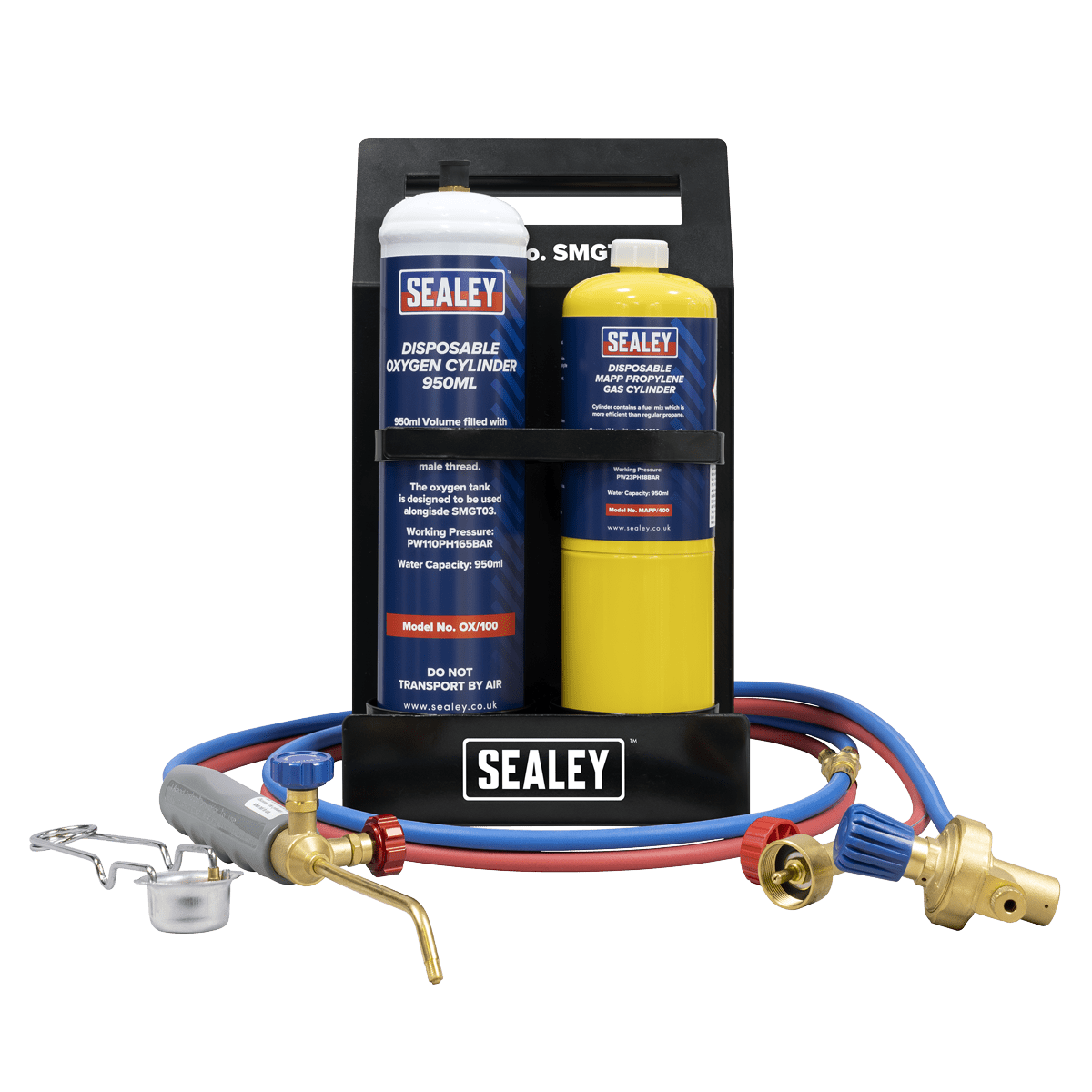 Sealey SMGKIT02 MAPP Gas & Oxygen Brazing Kit with 400g MAPP Cylinder & 950ml Oxygen Cylinder - SMGKIT02 - Sealey Tools UK - Trade Counter Direct