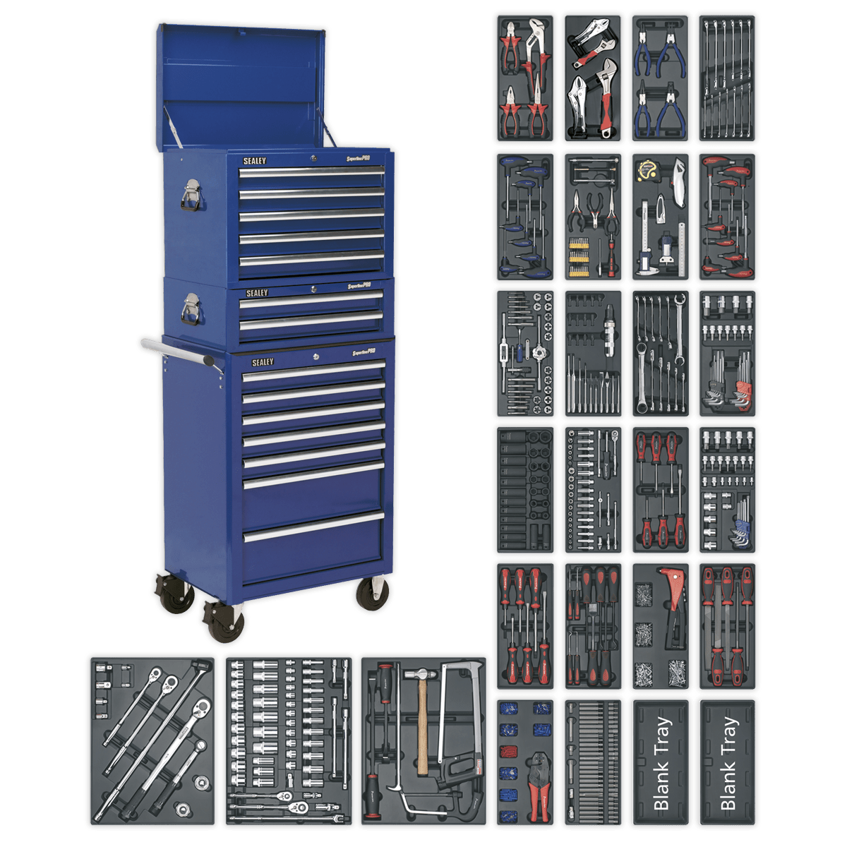 Sealey SPTCCOMBO1 Tool Chest Combination 14 Drawer with Ball Bearing Slides - Blue & 1179pc Tool Kit - SPTCCOMBO1 - Sealey Tools UK - Trade Counter Direct