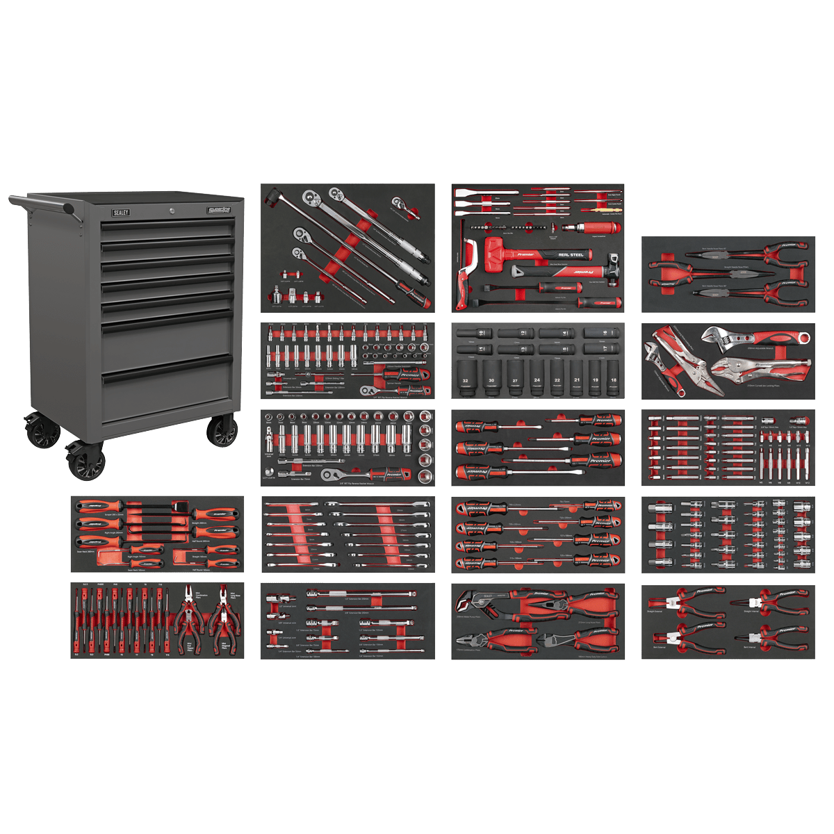 Sealey SPTCOMBO4G Superline PRO® Roll Cab 7 Drawer with 305pc Tool Kit - Grey - SPTCOMBO4G - Sealey Tools UK - Trade Counter Direct