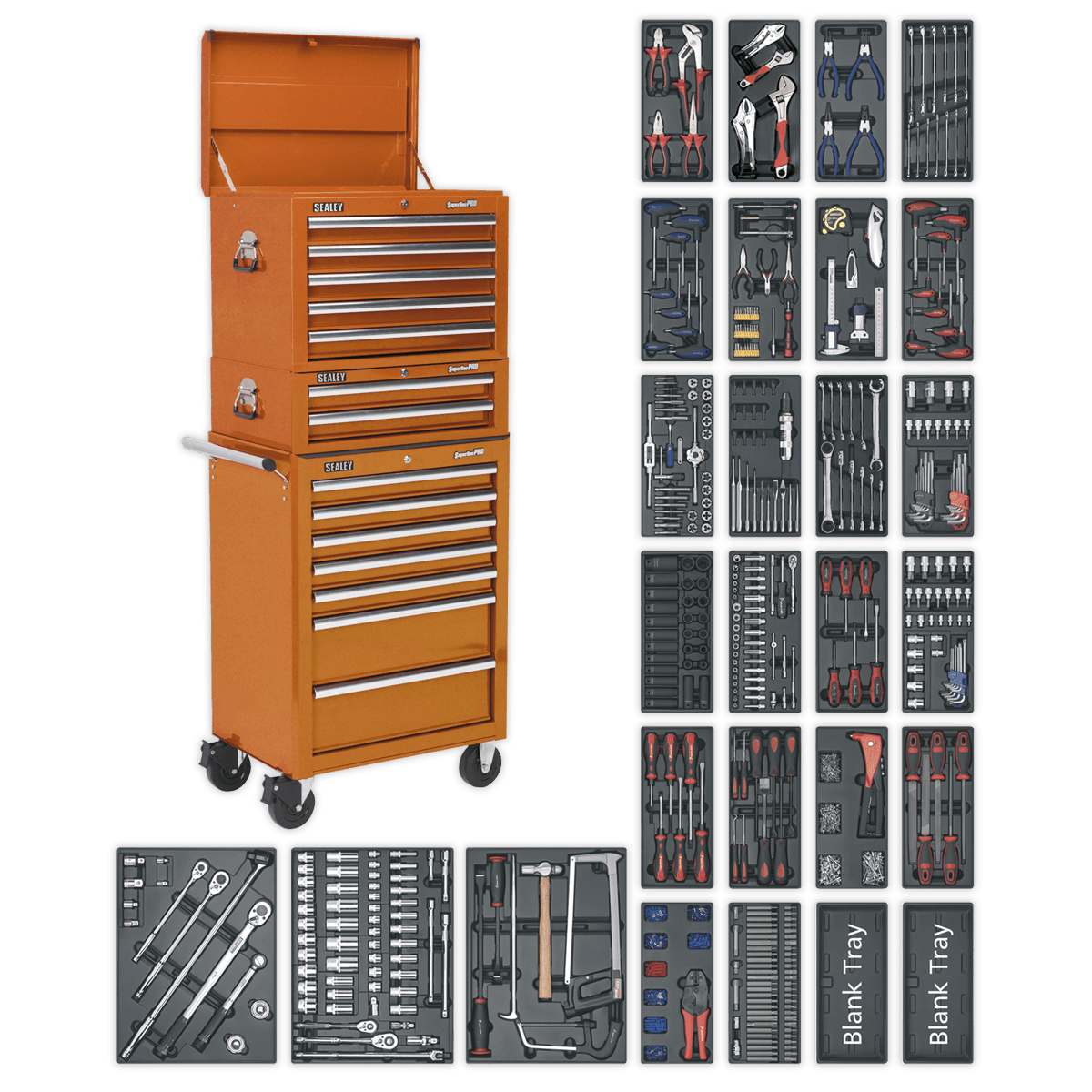 Sealey SPTOCOMBO1 Tool Chest Combination 14 Drawer with Ball Bearing Slides - Orange & 1179pc Tool Kit - SPTOCOMBO1 - Sealey Tools UK - Trade Counter Direct
