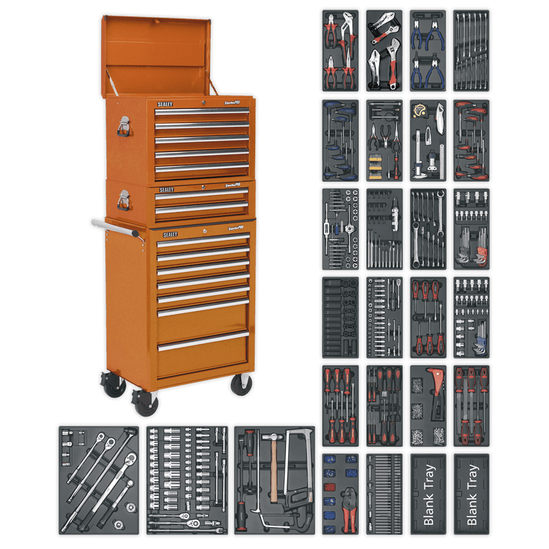 Sealey SPTOCOMBO1 Tool Chest Combination 14 Drawer with Ball Bearing Slides - Orange & 1179pc Tool Kit - SPTOCOMBO1 - Sealey Tools UK - Trade Counter Direct