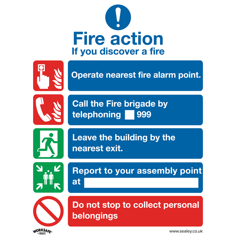 Sealey SS20V1 Worksafe® Fire Action Without Lift Safety Sign - Self-Adhesive Vinyl - SS20V1 - Sealey Tools UK - Trade Counter Direct
