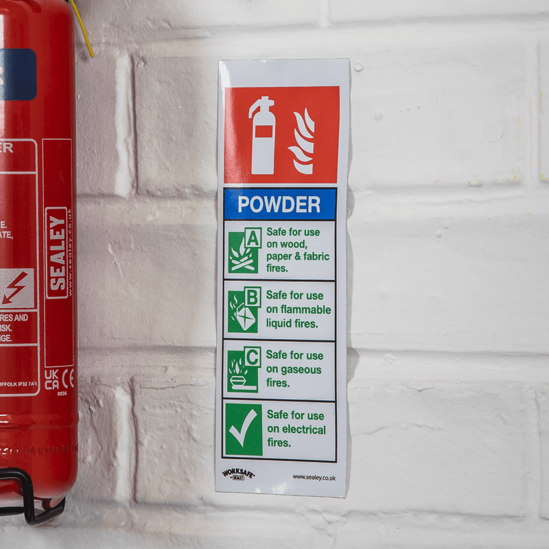 Sealey SS52V10 Worksafe® Powder Fire Extinguisher Safety Sign, Self-Adhesive Vinyl - Pack of 10 - SS52V10 - Sealey Tools UK - Trade Counter Direct