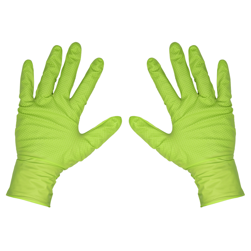 Sealey SSP54L Diamond Grip Extra-Thick Nitrile Powder-Free Gloves, Hi-Vis Green, Large - Pack of 50 - SSP54L - Sealey Tools UK - Trade Counter Direct