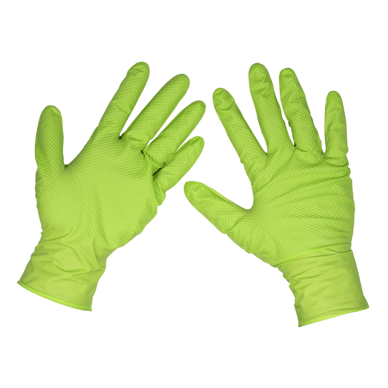 Sealey SSP54XL Diamond Grip Extra-Thick Nitrile Powder-Free Gloves, Hi-Vis Green, X-Large - Pack of 50 - SSP54XL - Sealey Tools UK - Trade Counter Direct