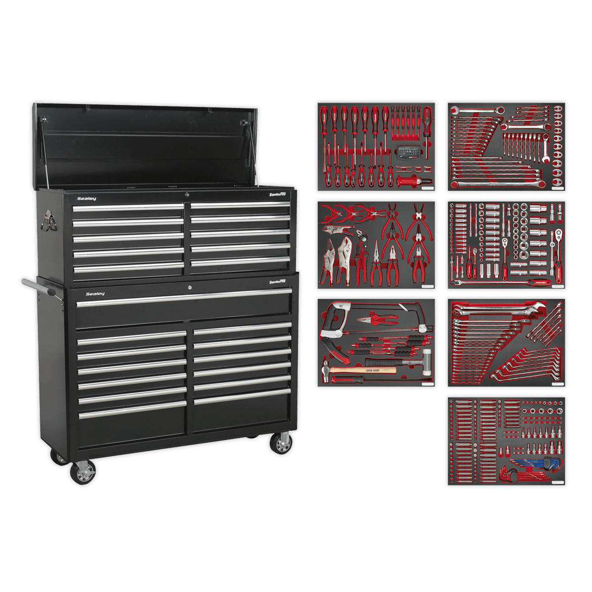 Sealey TBTPBCOMBO4 Tool Chest Combination 23 Drawer with Ball Bearing Slides - Black with 446pc Tool Kit - TBTPBCOMBO4 - Sealey Tools UK - Trade Counter Direct