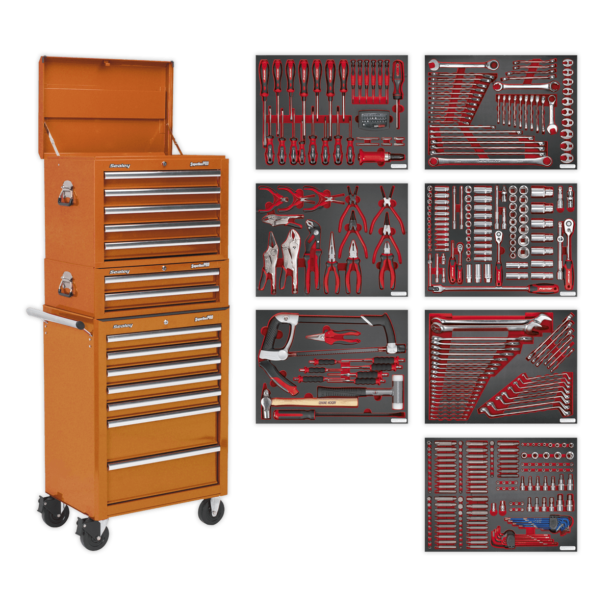Sealey TBTPCOMBO4 Tool Chest Combination 14 Drawer with Ball Bearing Slides - Orange & 446pc Tool Kit - TBTPCOMBO4 - Sealey Tools UK - Trade Counter Direct