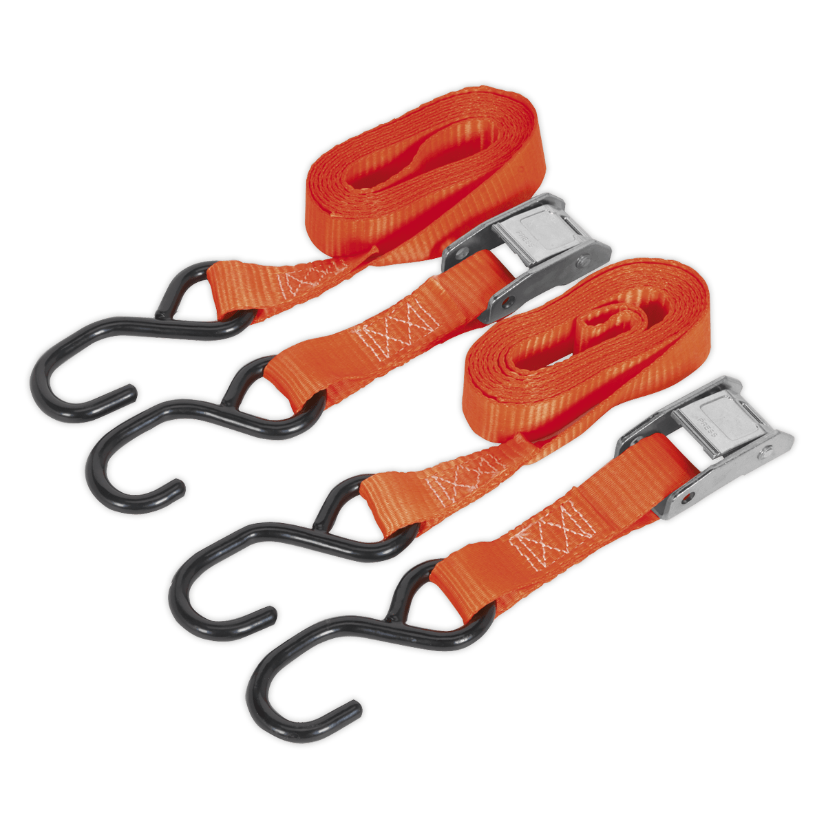 Sealey TD05025CS Cam Buckle Tie Down 25mm x 2.5m Polyester Webbing with S - Hooks 500kg Breaking Strength - TD05025CS - Sealey Tools UK - Trade Counter Direct