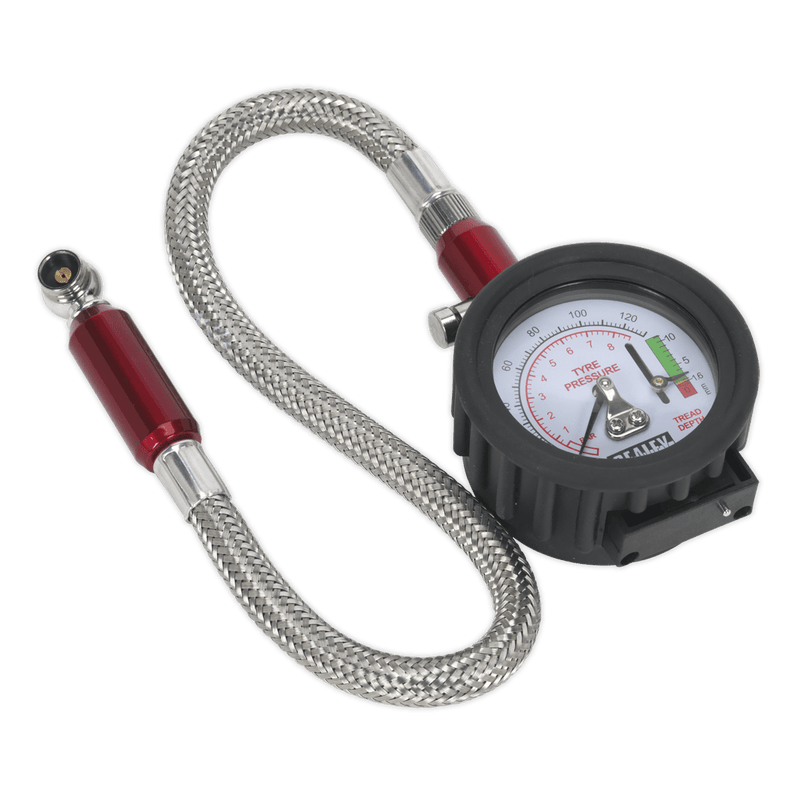 Sealey TSTPDG02 Tyre Pressure Gauge & Tyre Tread Depth Gauge - Flexible Hose 0 - 8bar(0 - 120psi) - TSTPDG02 - Sealey Tools UK - Trade Counter Direct