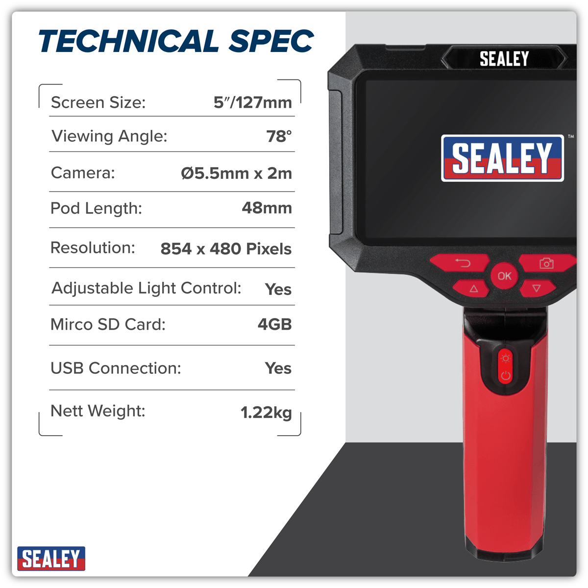 Sealey VS8118 Video Borescope 5.5mm Camera Dual Lens & 5" Screen - VS8118 - Sealey Tools UK - Trade Counter Direct